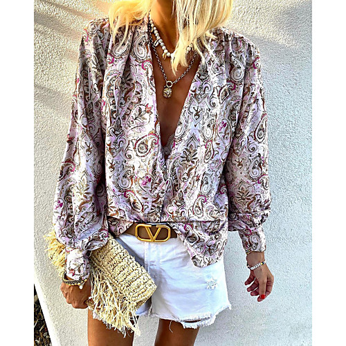 

Women's Going out Blouse Shirt Paisley Long Sleeve Print V Neck Elegant Boho Tops Lantern Sleeve Chiffon Blushing Pink
