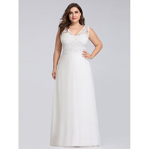 

A-Line Plus Size White Engagement Formal Evening Dress V Neck Sleeveless Floor Length Lace Polyester with Lace Insert Appliques 2021