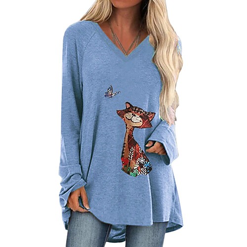 

Women's Blouse Shirt Animal Long Sleeve Print V Neck Basic Tops Blue Khaki