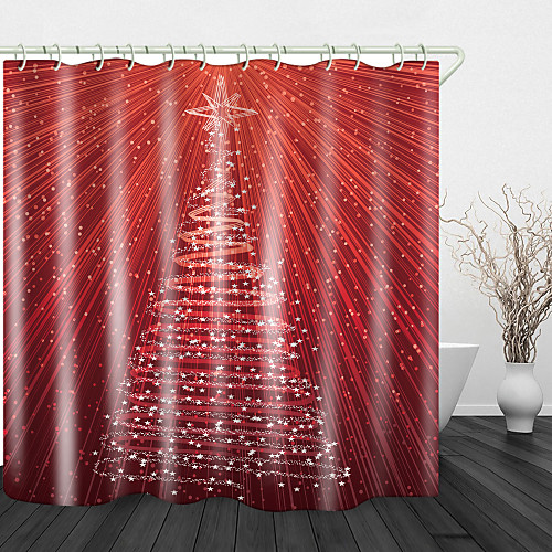 

Christmas Red Five-pointed Star Christmas Tree Digital Printing Shower Curtain Shower Curtains & Hooks Modern Polyester Trend Design