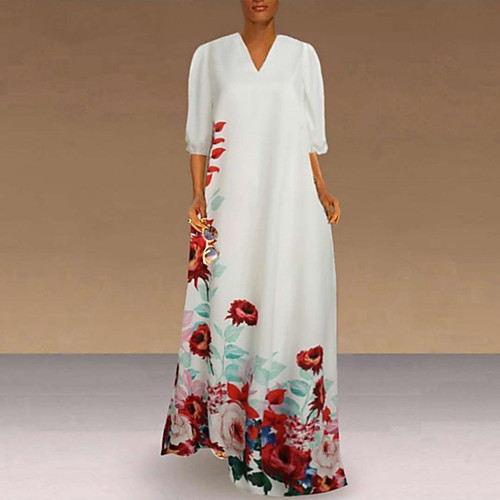 

Women's Swing Dress Maxi long Dress White Black 3/4 Length Sleeve Print Patchwork Print Fall Winter V Neck Casual Puff Sleeve Loose 2021 S M L XL XXL 3XL