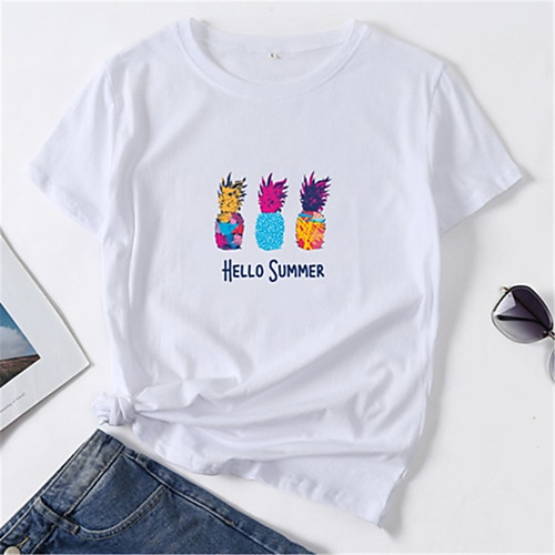 

Women's T shirt Cartoon Print Round Neck Basic Tops 100% Cotton White Blue Red