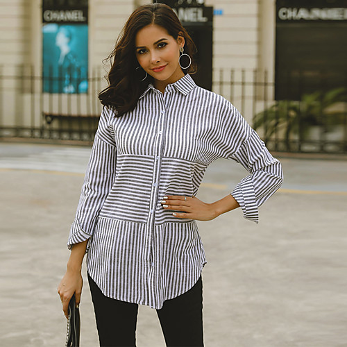 

Women's Blouse Shirt Striped Long Sleeve Shirt Collar Basic Tops Gray