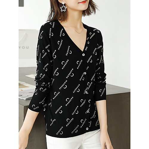 

Women's Boho Knitted Geometric Letter Cardigan Long Sleeve Sweater Cardigans V Neck Fall Black Navy Blue