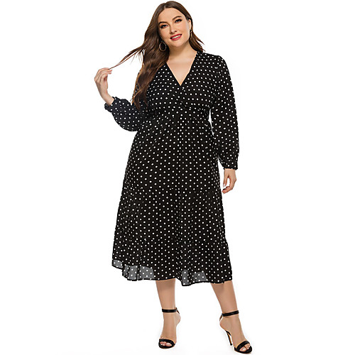 

Women's A Line Dress Midi Dress Black Long Sleeve Polka Dot Fall Winter V Neck Casual Loose 2021 XL XXL 3XL 4XL 5XL
