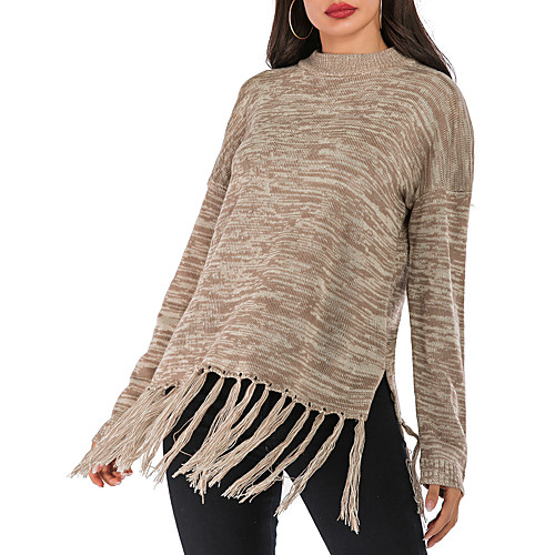 

Women's Solid Colored Pullover Cotton Long Sleeve Loose Sweater Cardigans Round Neck Fall Khaki