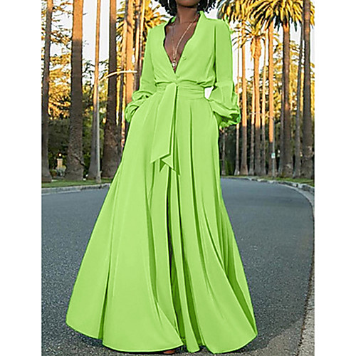 

Women's A Line Dress Maxi long Dress Green Long Sleeve Solid Colored Deep V Streetwear S M L XL XXL