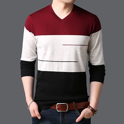 

Men's Knitted Striped Color Block Pullover Long Sleeve Sweater Cardigans V Neck Fall Winter Red Green Gray