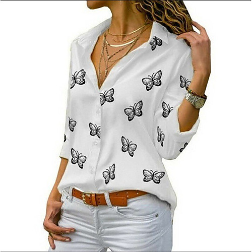 

Women's Plus Size Blouse Shirt Butterfly Long Sleeve Print Shirt Collar Basic Tops White Black Blue