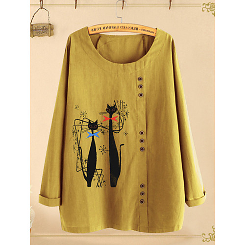 

Women's Blouse Shirt Cat Long Sleeve Round Neck Tops Yellow Navy Blue