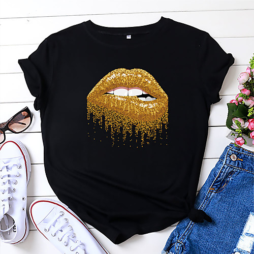 

Women's T shirt Mouth Print Round Neck Basic Tops 100% Cotton White Black Yellow