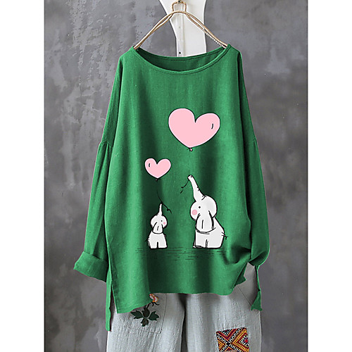 

Women's T shirt Animal Long Sleeve Round Neck Basic Tops Red Yellow Wine