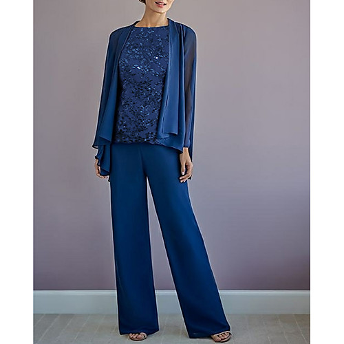 

Pantsuit / Jumpsuit Mother of the Bride Dress Wrap Included Jewel Neck Floor Length Chiffon Long Sleeve with Appliques 2021