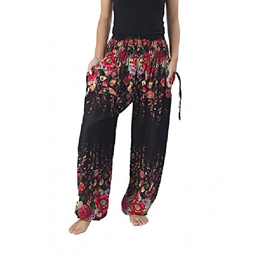 

women's flowers yoga boho pants long beach summer harem pants (us size 0-10, black)