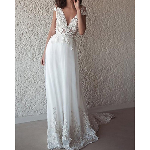 

A-Line Wedding Dresses V Neck Sweep / Brush Train Chiffon Sleeveless Beach with Appliques 2021