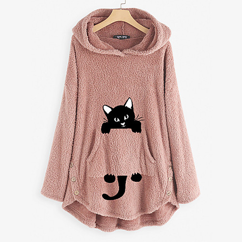 

Women's Hoodie Teddy Coat Cat Animal Front Pocket Daily Basic Cute Hoodies Sweatshirts Loose Long Wine Army Green Pink