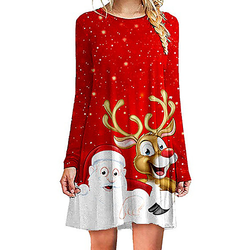 

Women's A Line Dress Knee Length Dress Red Long Sleeve Print Print Fall Round Neck Hot Casual Loose 2021 S M L XL