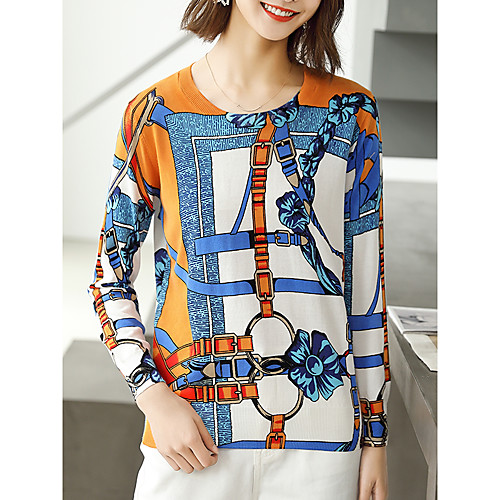 

Women's Stylish Boho Knitted Geometric Abstract Pullover Long Sleeve Sweater Cardigans Crew Neck Round Neck Fall Blue