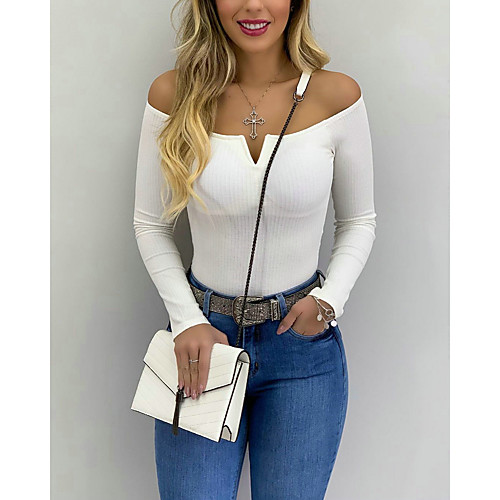 

Women's T shirt Solid Colored Long Sleeve Off Shoulder Tops Red Dark Gray Beige