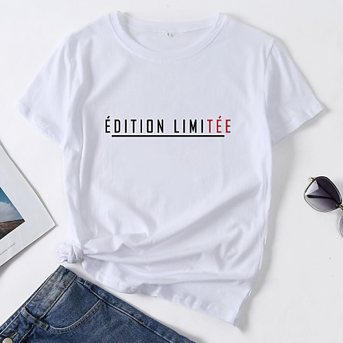 

Women's T shirt Letter Print Round Neck Tops 100% Cotton White Blue Red