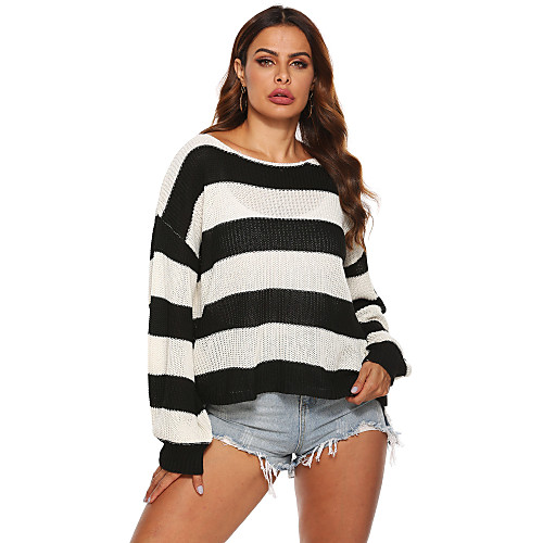 

Women's Oversized Stripe Striped Pullover Long Sleeve Sweater Cardigans Crew Neck Round Neck Fall Winter Black