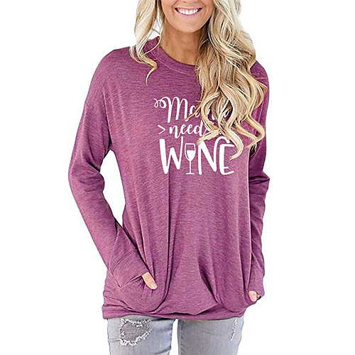 

Women's T shirt Graphic Text Letter Long Sleeve Print Round Neck Basic Tops Black Blushing Pink Green