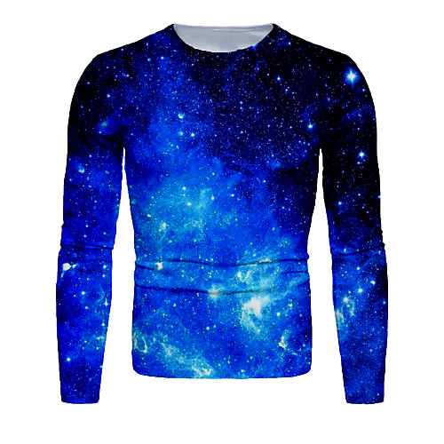 

Men's T shirt Shirt 3D Print Galaxy Graphic Long Sleeve Daily Tops Basic Round Neck Blue