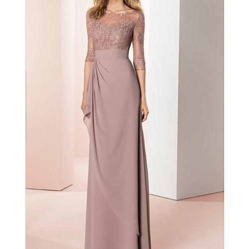 

Sheath / Column Mother of the Bride Dress Elegant Jewel Neck Floor Length Chiffon Lace 3/4 Length Sleeve with Draping 2021
