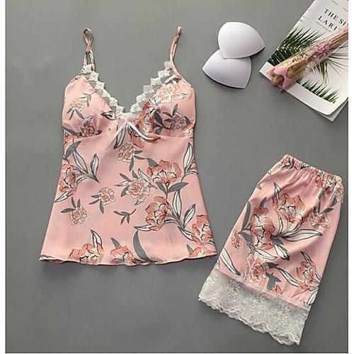 

Women's Suits Pajamas Sets Mesh Lace Bow Floral Geometric Nylon Spandex Casual Strap Top Shorts Deep V Daily Wear Home Buckle / Super Sexy