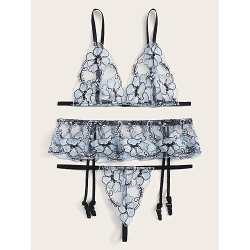 

Women's Mesh Lace Bow Super Sexy Gartered Lingerie Suits Nightwear Floral Gray S M L / Deep V