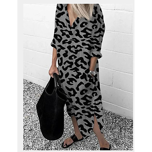 

Women's T Shirt Dress Tee Dress Midi Dress Gray White Brown Long Sleeve Leopard Split Print Summer V Neck Hot Casual Loose 2021 S M L XL XXL 3XL 4XL 5XL