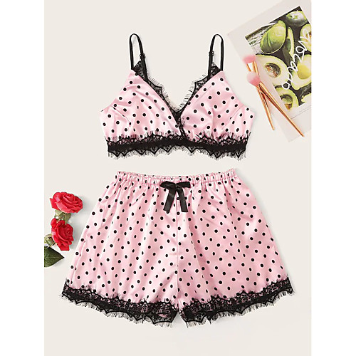 

Women's Suits Pajamas Sets Lace Bow Polka Dot Spandex Casual Strap Top Shorts Deep V Daily Wear Home Hook & Eye / Super Sexy