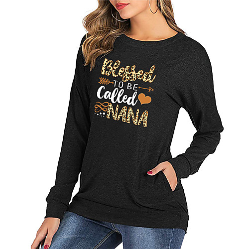 

Women's T shirt Graphic Leopard Text Long Sleeve Print Round Neck Basic Tops Black Blushing Pink Green