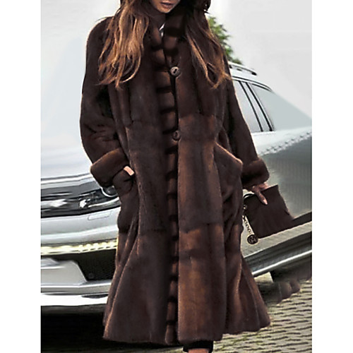 

Women's Faux Fur Coat Party Fall Winter Long Coat Stand Collar Loose Warm Basic Elegant & Luxurious Jacket Long Sleeve Solid Colored Pocket Brown