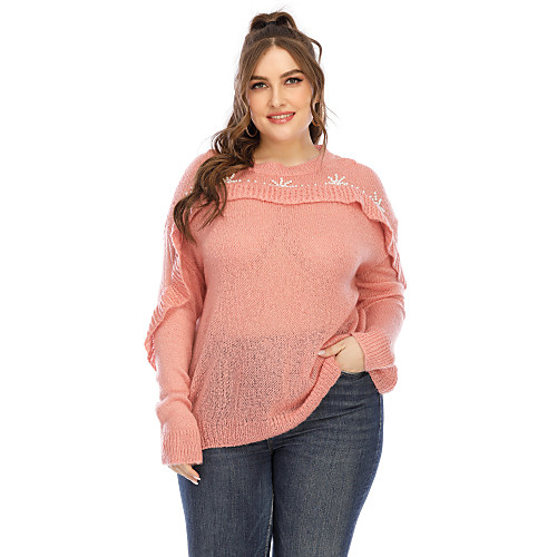 

Women's Stylish Ruffle Solid Color Plain Pullover Long Sleeve Plus Size Oversized Sweater Cardigans Crew Neck Round Neck Fall Winter Blushing Pink