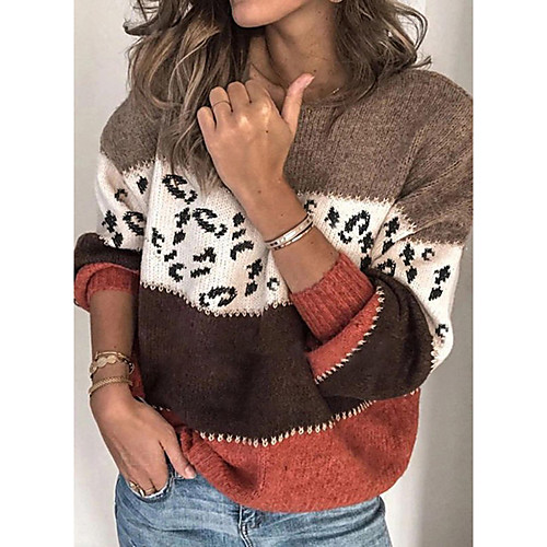 

Women's Stylish Knitted Color Block Leopard Cheetah Print Pullover Long Sleeve Sweater Cardigans Crew Neck Round Neck Fall Winter Red