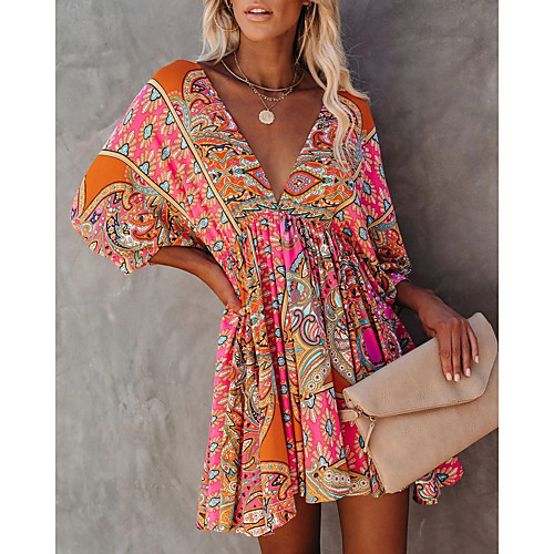 

Women's A Line Dress Short Mini Dress Red Half Sleeve Floral Backless Smocked Print Spring Summer V Neck Hot Sexy Boho Loose 2021 S M L XL XXL