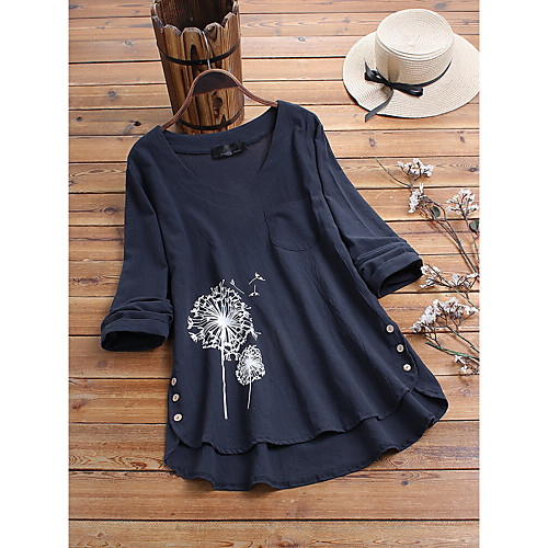 

Women's Blouse Shirt Floral Flower Long Sleeve Button Print V Neck Basic Tops Orange Navy Blue