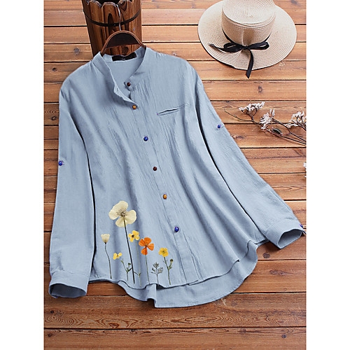 

Women's Blouse Shirt Floral Pattern Flower Long Sleeve Round Neck Basic Tops White Blue Light Green