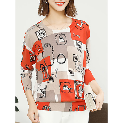 

Women's Boho Knitted Color Block Geometric Pullover Long Sleeve Sweater Cardigans Crew Neck Round Neck Fall Blushing Pink Orange