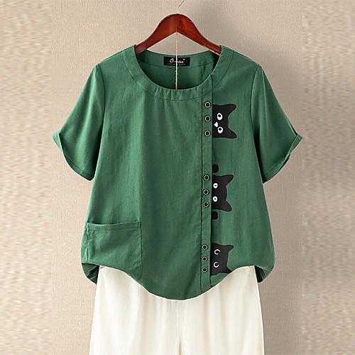 

Women's T shirt Cat Button Print Round Neck Basic Tops Cotton Blue Green
