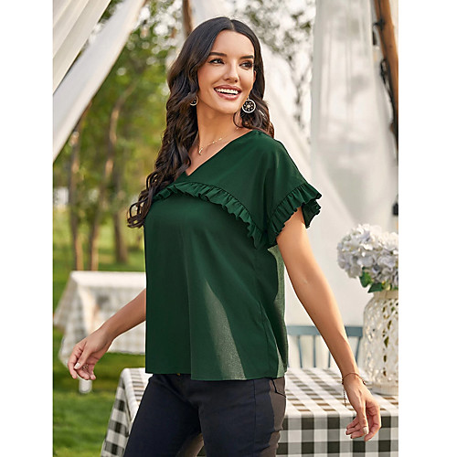 

Women's Blouse Shirt Solid Colored Ruffle V Neck Tops Green