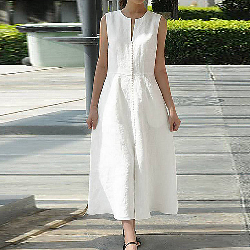 

Women's Shift Dress Midi Dress White Black Sleeveless Solid Color Patchwork Summer V Neck Elegant Slim 2021 S M L XL XXL