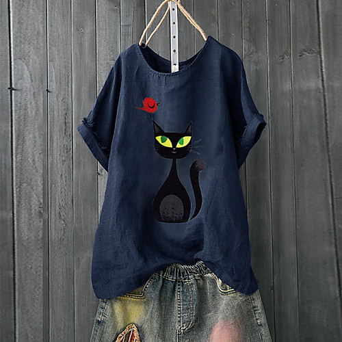 

Women's Blouse Shirt Cat Round Neck Tops Green Navy Blue