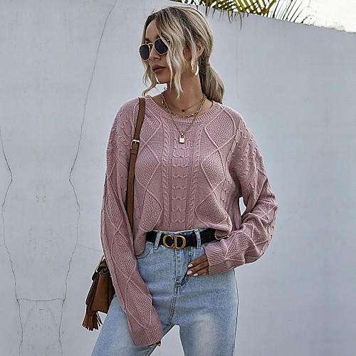

Women's Basic Solid Color Plain Pullover Long Sleeve Sweater Cardigans Crew Neck Round Neck Fall Spring Blushing Pink