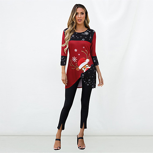 

Women's Blouse Shirt Animal Long Sleeve Patchwork Asymmetric Print Round Neck Basic Tops Red