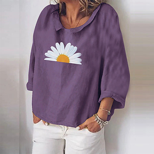 

Women's Blouse Shirt Floral Flower Print Shirt Collar Basic Tops Blue Purple Green