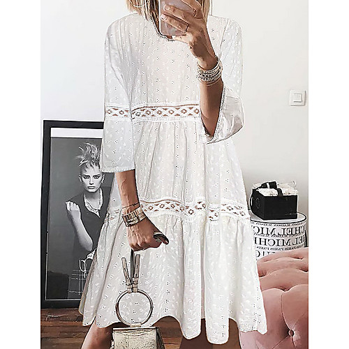 

Women's A Line Dress Short Mini Dress Purple Yellow White Light Blue 3/4 Length Sleeve Eyelet Lace Spring Summer Round Neck Hot Casual S M L XL XXL 3XL 4XL 5XL / Plus Size / Plus Size