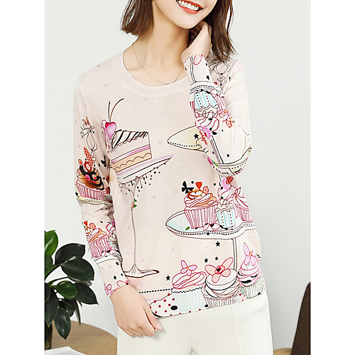 

Women's Stylish Knitted Fruit Pullover Long Sleeve Sweater Cardigans Crew Neck Round Neck Fall Blue Blushing Pink