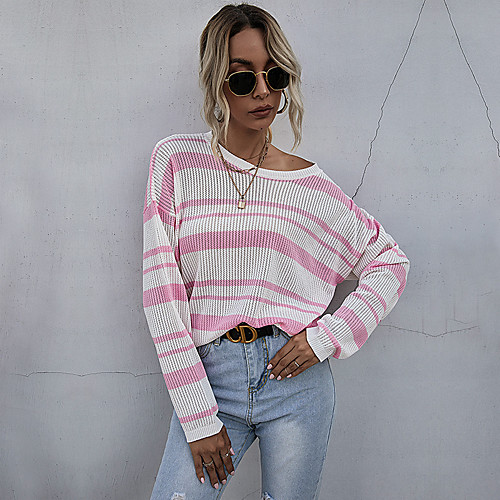 

Women's Basic Hollow Striped Pullover Long Sleeve Sweater Cardigans Crew Neck Round Neck Fall Winter Blushing Pink